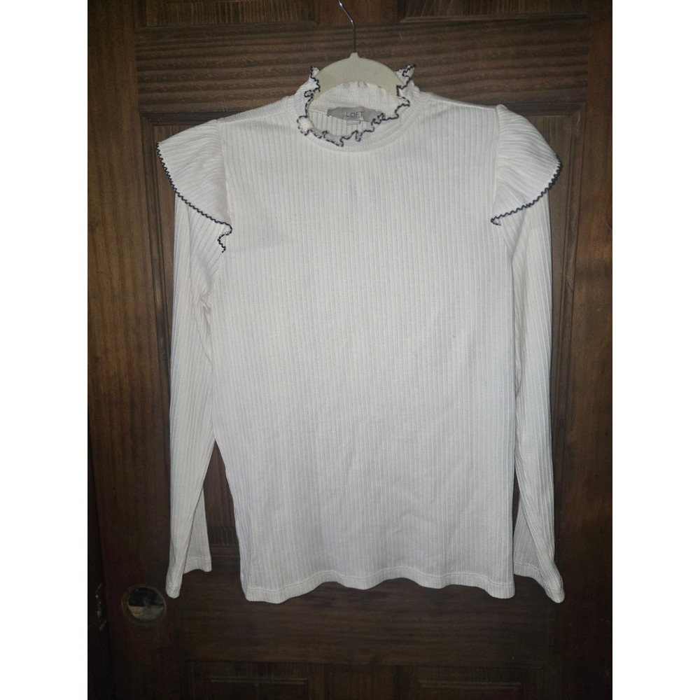 Loft White Ribbed Ruffle Mock‎ Neck Flutter Sleeve Top Navy Trim Size Large